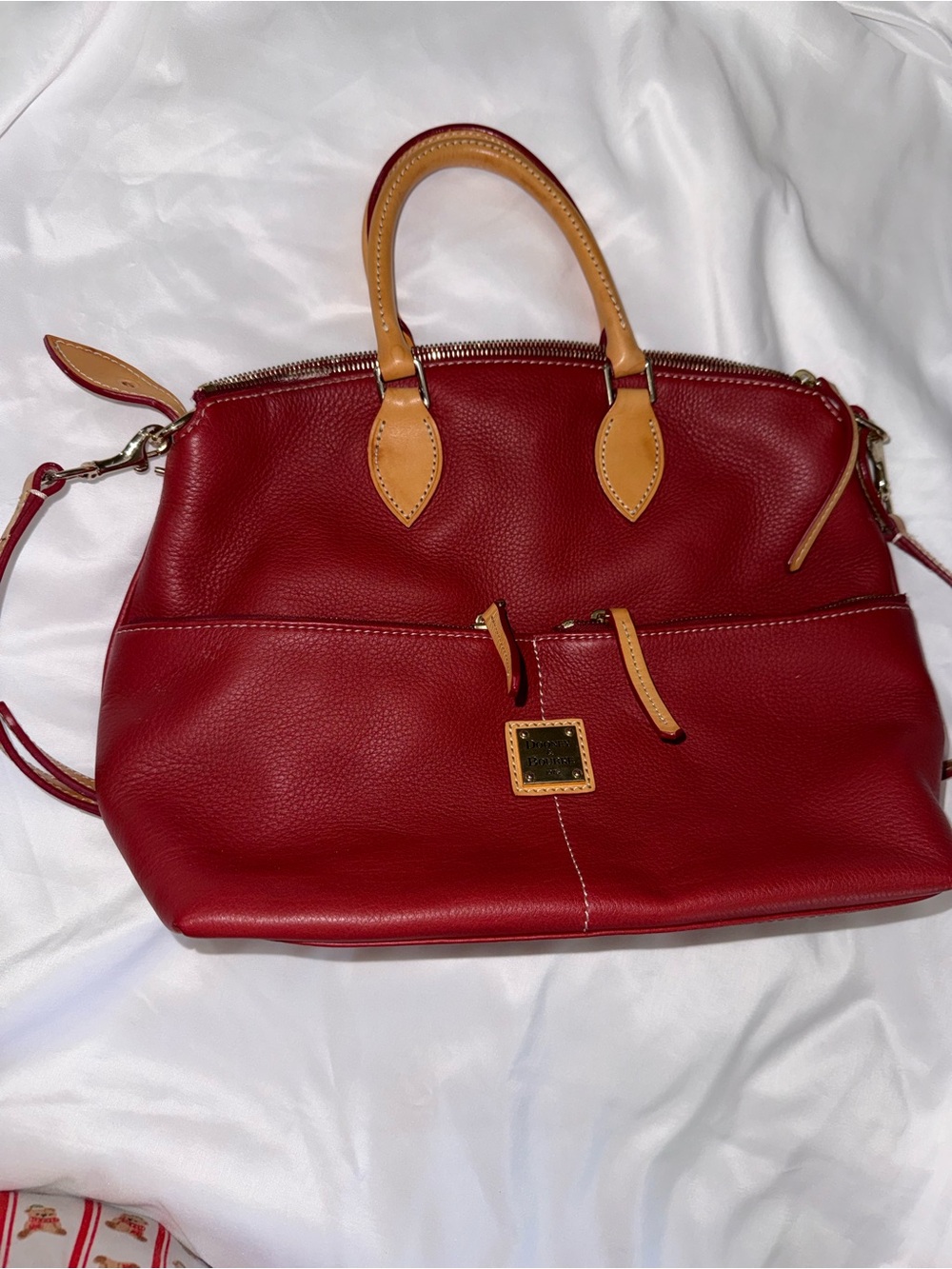 Red Pebbled Leather Satchel with Contrasting Tan Trim